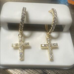 Yellow Gold over sterling silver moissanite Cross Huggie style Earrings